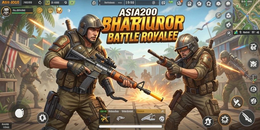 Screenshot utama ASIA200 menampilkan aksi pertarungan menegangkan di medan perang.
