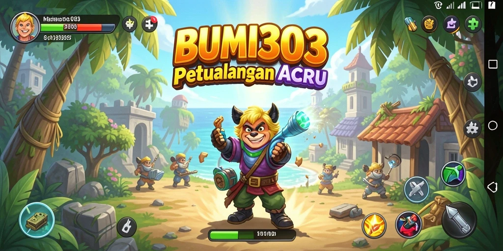 Tampilan gameplay seru dalam BUMI303 yang penuh warna.