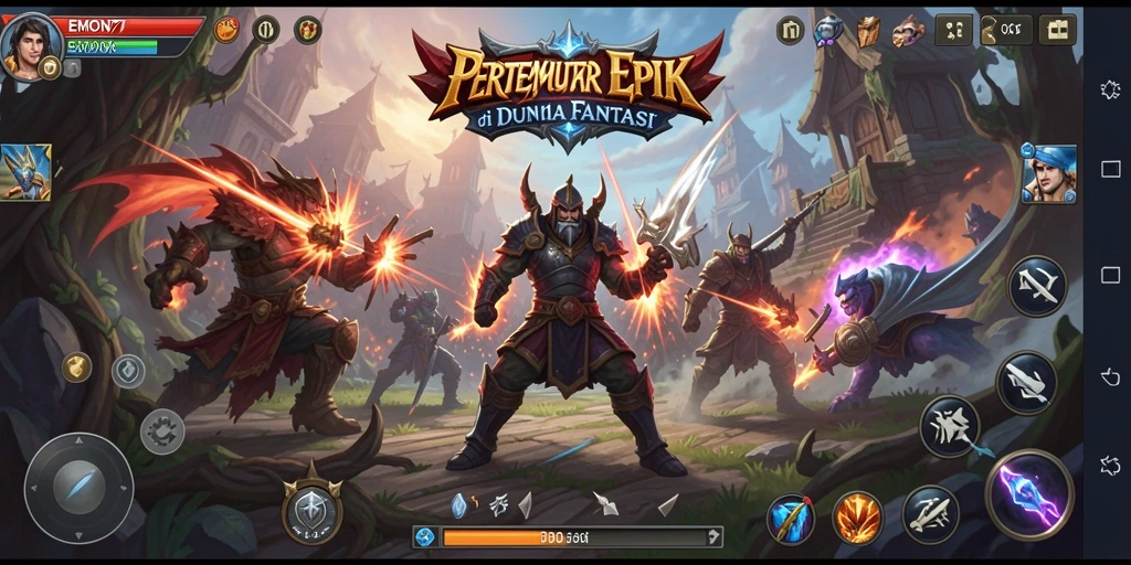 Tangkapan layar gameplay EMON77 menampilkan pertempuran epik melawan monster.