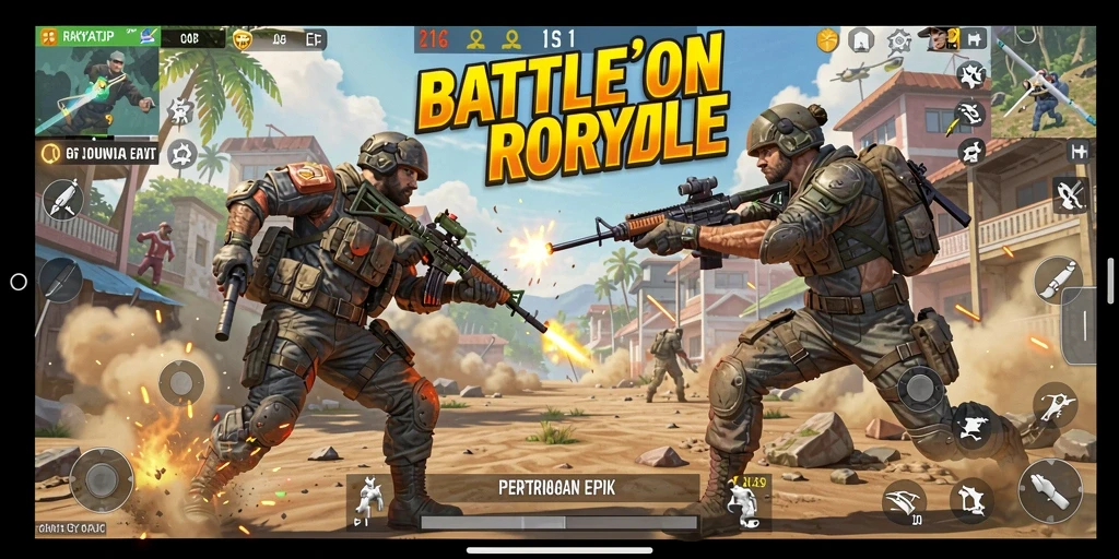 Screenshot gameplay RAKYATJP memperlihatkan aksi Battle Royale yang intens.