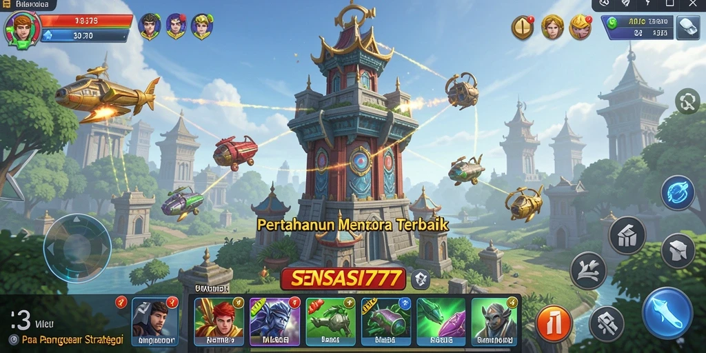 Tampilan gameplay SENSASI777 menunjukkan aksi pertahanan menara yang intens.