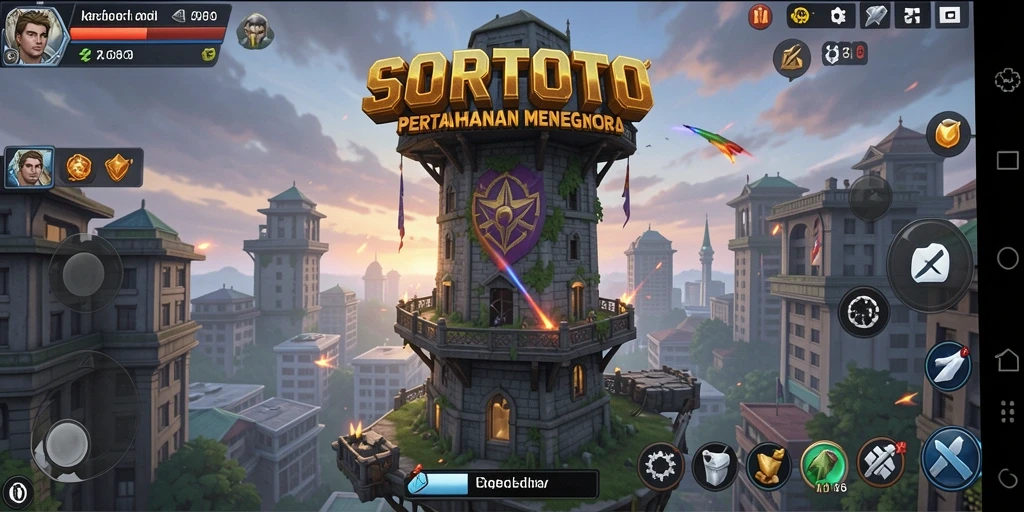Tampilan gameplay SORTOTO dengan menara dan musuh yang beragam.